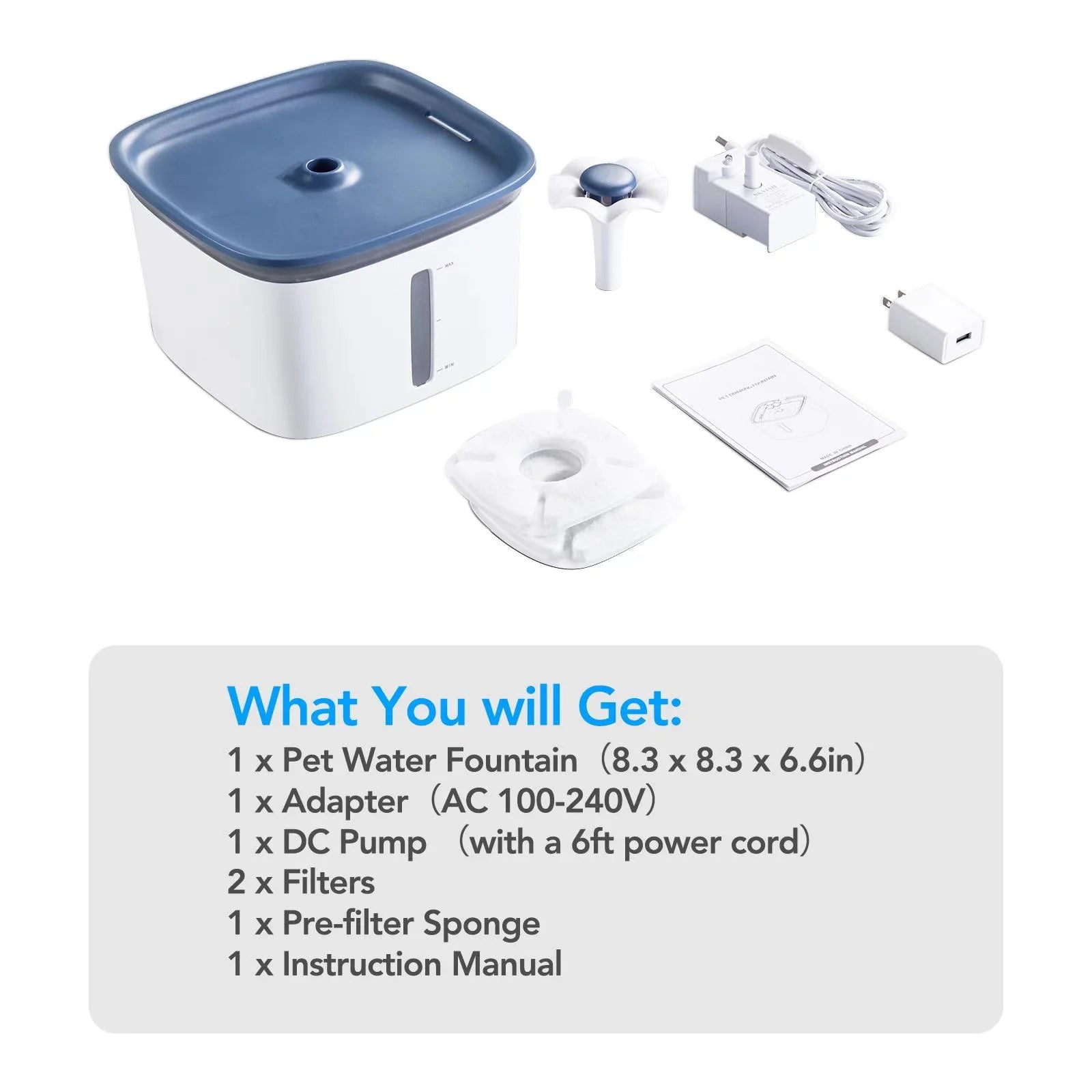 95Oz/2.8L Pet Fountain, Cat Dog Water Fountain Dispenser with Smart Pump, Blue